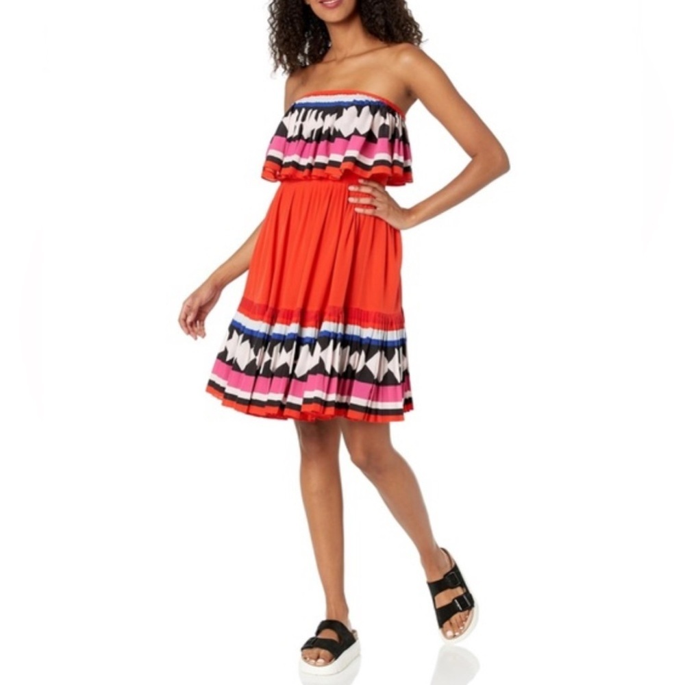 Kate Spade New York, Geo Border Pleated Dress, Red Strapless Size 4